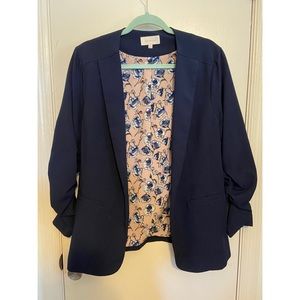 Skies Are Blue Navy Blue Raja Collarless Blazer with Ruched Sleeves, Stitch Fix